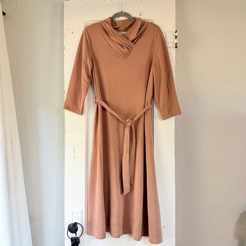 Calvin Klein Womens Camel Tan Cowl Neck Belted Midi Jersey Dress Large